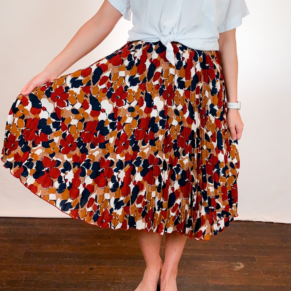 Allegra K floral print midi pleated skirt medium